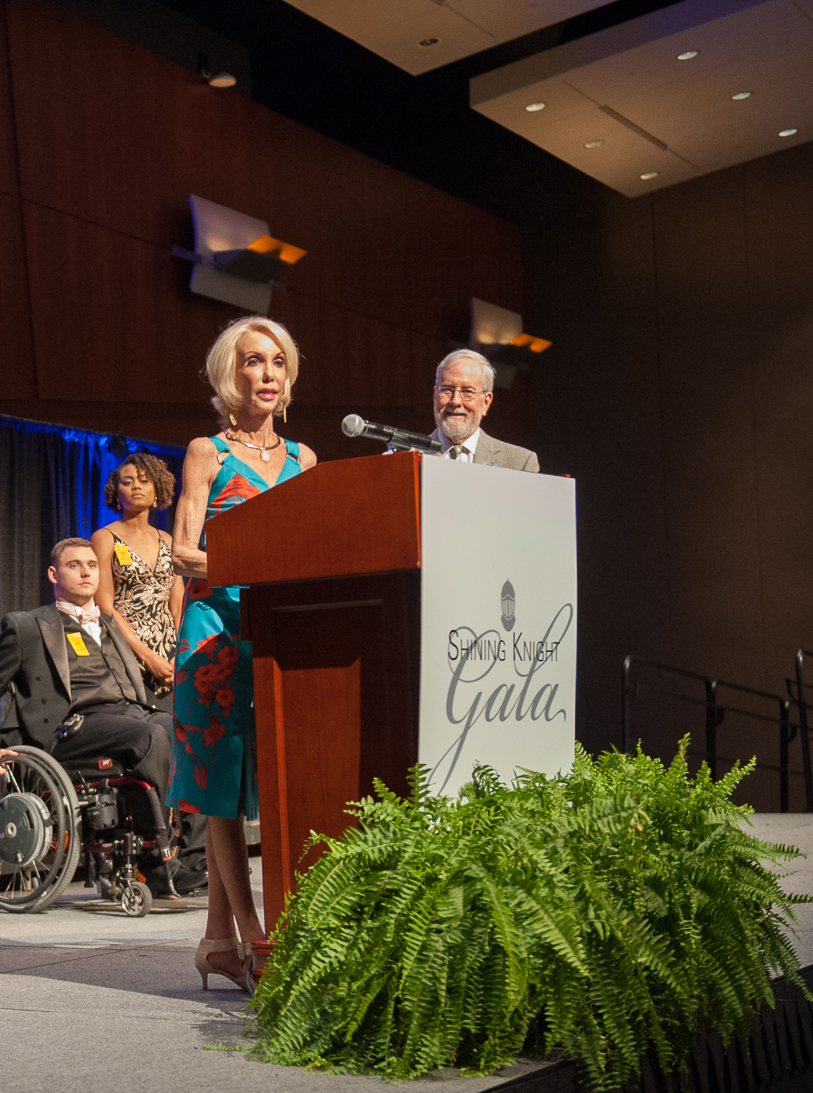 Joyce Johnson addresses the audience at VCU Health’s 2019 Shining Knight Gala, which is an event that celebrates first responders and VCU Health’s trauma team. At the event, Joyce and her husband Rich announced a $1 million gift to name and support the surgical trauma intensive care unit at VCU Medical Center. Photo: Thomas Kojcsich, VCU University Relations