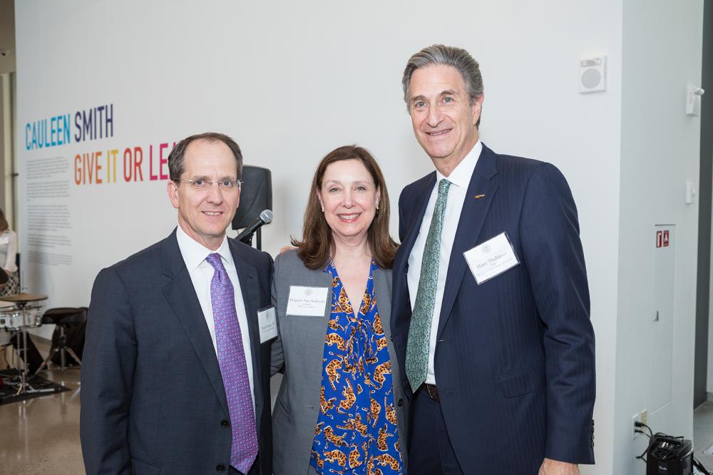 Following their remarks at the 2019 MCV Society reception, Margaret Ann Bollmeier, MCV Foundation president, and Harry Thalhimer, MCV Foundation board chair (right), gather with Wyatt Beazley IV, MCV Foundation board chair-elect.