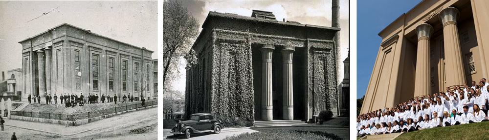 The Egyptian Building has been a part of the VCU School of Medicine for nearly all of the school’s 180 years. Above, you see the building, which is the MCV Campus’s and VCU’s most iconic struture, in the 1890s, 1930s and 2010s. Photos: Courtesy of Tompkins-McCaw Library (left and center)