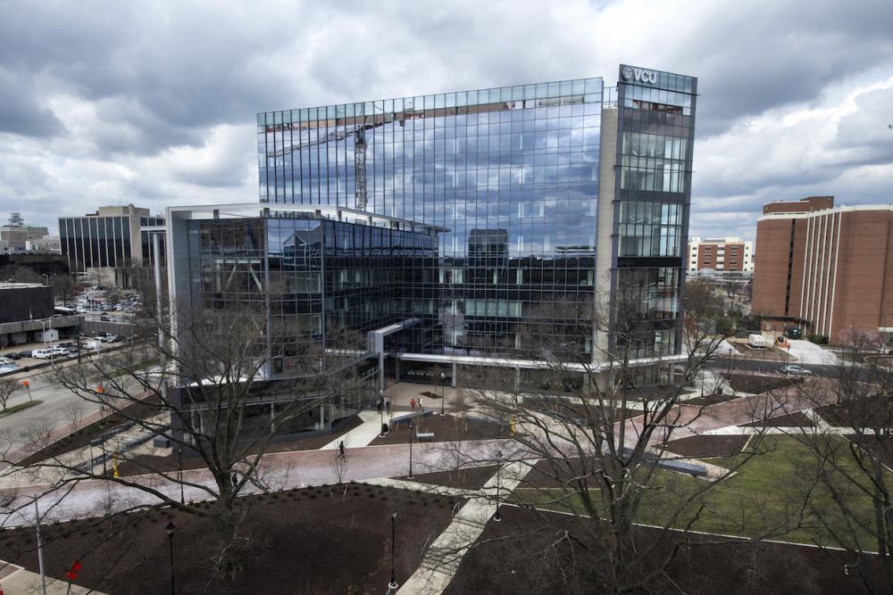 The new College of Health Professions building is 154,000 square feet and includes a west-facing eight-story wing and a south-facing four-story wing. It includes learning laboratories designed for patient simulation and diagnostic technology, formal and informal spaces designed to promote interprofessional education and collaboration among the health professions specialties, and flexible classrooms designed for student engagement and distance-learning opportunities. Photo: VCU University Marketing