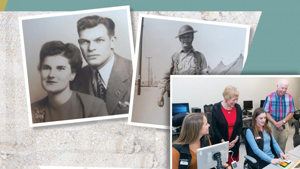 Photos of D-Day war hero as a young man in the war and with his wife. Also a photo of their daughter with her husband in the lab they named at the College of Health Professions