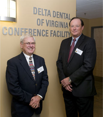Mr. Lyndell B. Brooks, chairman, and Dr. George A. Levicki (D’73), president and CEO, Delta Dental of Virginia, pose at the VCU School of Dentistry.