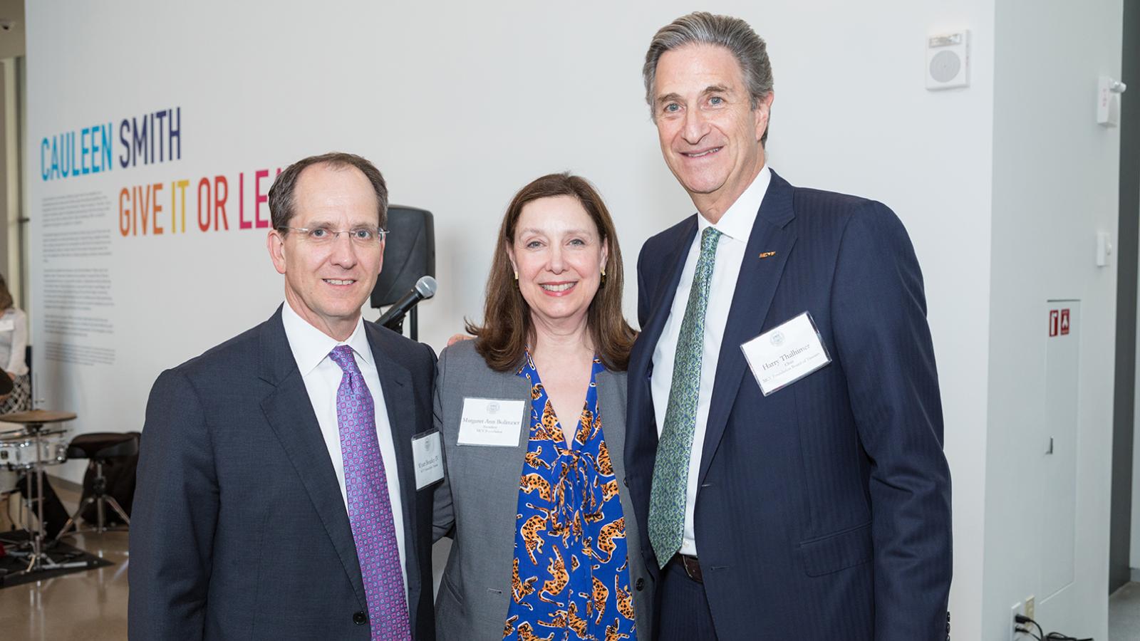 Following their remarks at the 2019 MCV Society reception, Margaret Ann Bollmeier, MCV Foundation president, and Harry Thalhimer, MCV Foundation board chair (right), gather with Wyatt Beazley IV, MCV Foundation board chair-elect.
