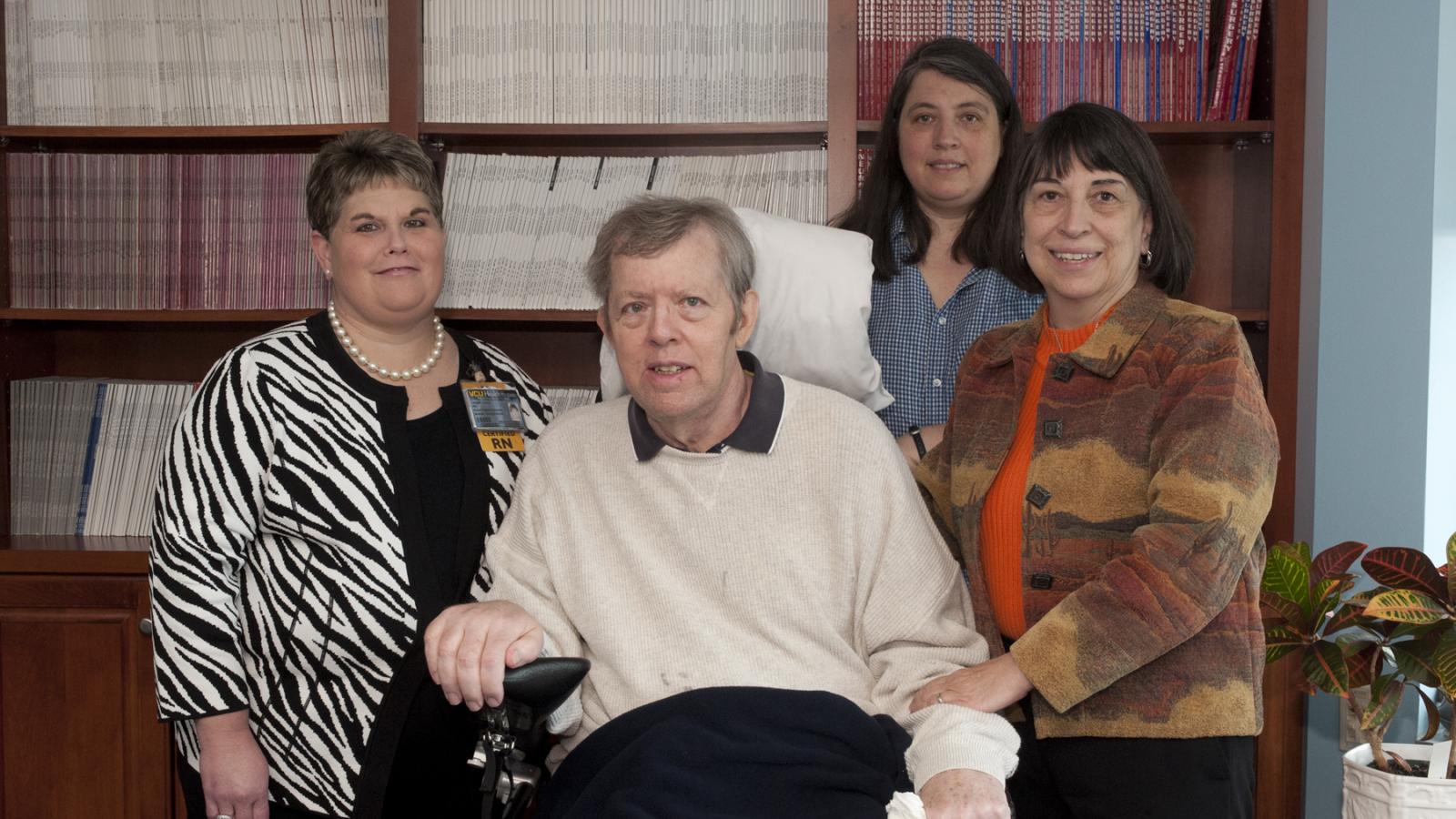 In 2013, Denise Lynch, RN, Dan Schmidt, Jess Schmidt and Sandy Schmidt celebrate the Schmidt family’s pledge to establish a service award for VCU Health employees in honor of Denise and the care she coordinated for Dan. VCU Health nurse Tanya Scott received the award in 2020. Photo: VCU University Marketing