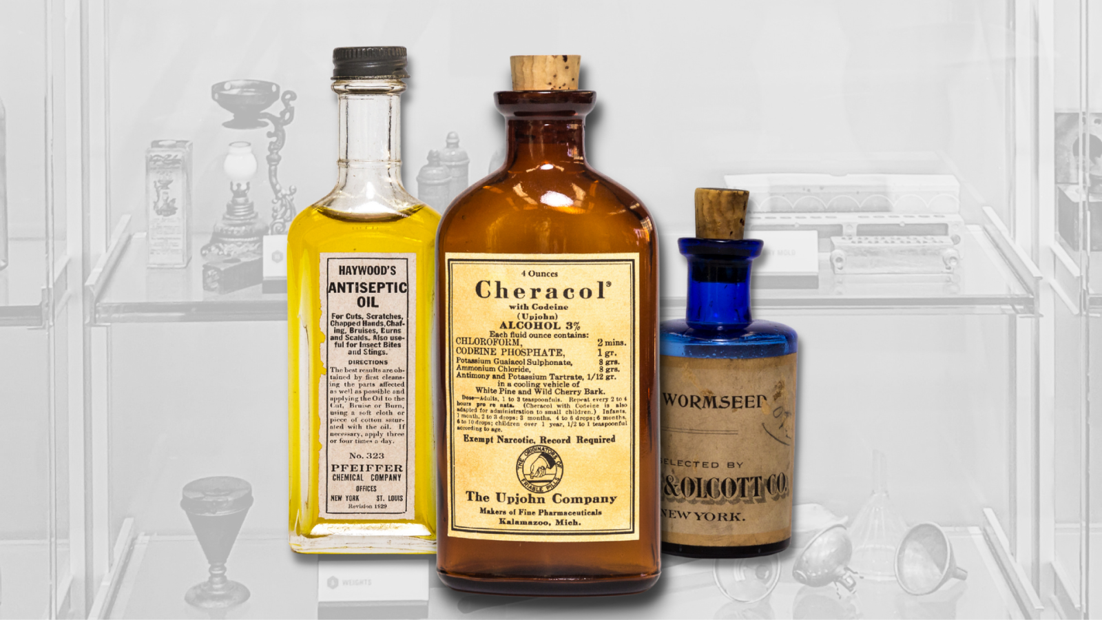 Old patent medicine bottles from the VCU School of Pharmacy Heritage Trail