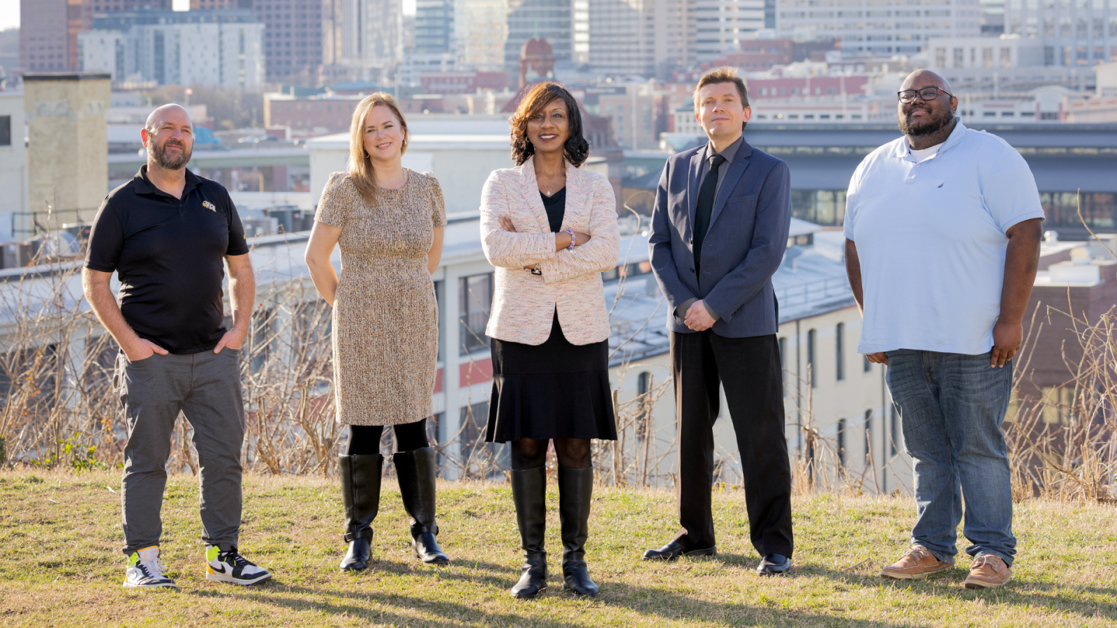  Pictured are faculty members Andrew Barnes, Ph.D.; Kellie Carlyle, Ph.D.; founding interim dean Vanessa Sheppard, Ph.D.; and Mikhail Dozmorov, Ph.D. with doctoral student Malik Phillips, M.P.H.